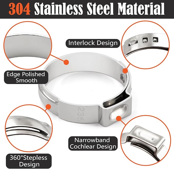 360Pcs 16 Sizes 304 Stainless Steel Stepless Single Ear Hose Clamp Assortment Kit,Adjustable 5.3-36.1mm,with Ear Clamp Pincer Tool,for Fuel Line,Automotive,Industry,Home Pipeline
