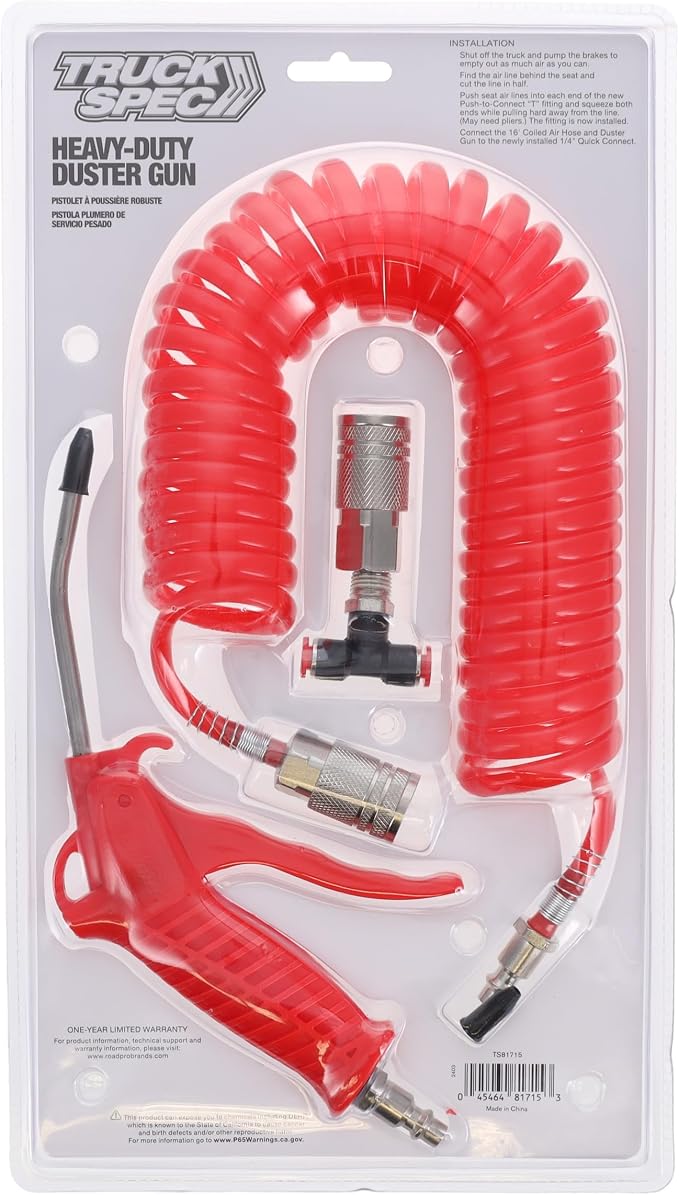 Durable Duster Gun RP45560 - Truck Air Duster Blow Gun Kit with 16ft Long Coil Hose Quick-Connect Nozzles 174 psi