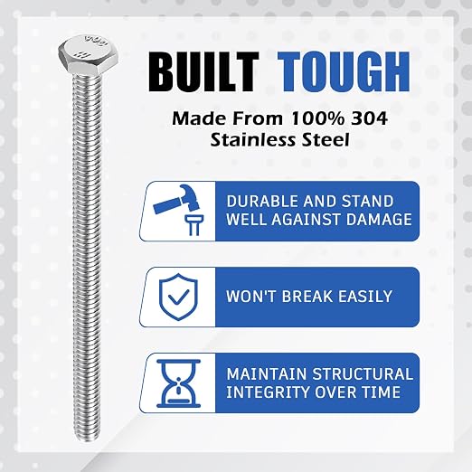Zonon 50 Pcs 1/2-13 x 5 Hex Head Screw Bolt 18-8 (304) Stainless Steel Hexagon Bolts, Fully Threaded, Plain Finish, External Hex Drive (Silver)