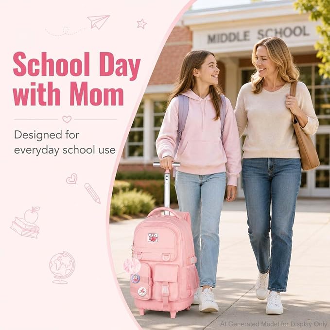 CCJPX Rolling Backpack for Girls Women, 21 inch Roller Wheels School Bookbag, Wheeled Suitcase Backpacks with Lunch Bag for Teen - Pink