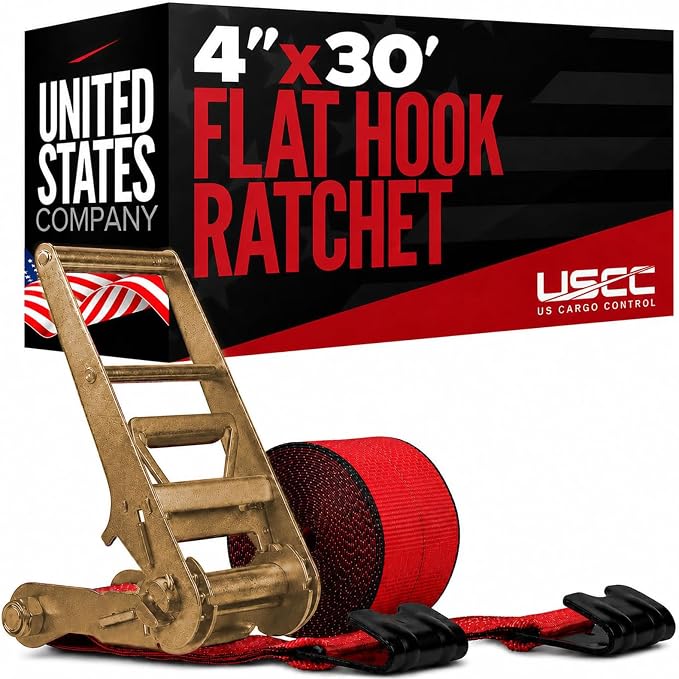 US Cargo Control Flat Hook Ratchet Strap 4” x 30’, 5,400 LBS Working Load Limit, Red 4 Inch Ratchet Strap with Black Flat Hook, Professional 4 Inch Strap for Flatbed Trailers