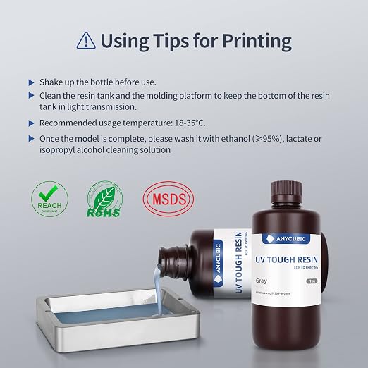 ANYCUBIC Tough Resin 2.0, 3D Printer Resin with Upgraded High Toughness and High Precision, 365-405nm Fast Curing 3D Resin for 4K 8K LCD/DLP/SLA 3D Printing (Grey, 1kg)