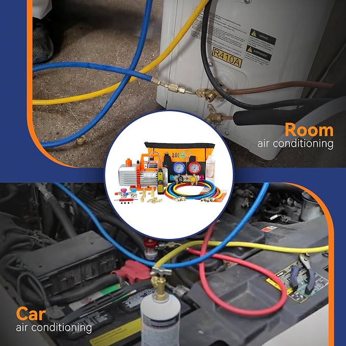 BACOENG 4.5CFM AC Vacuum Pump and Gauge Set, 4 Way HVAC Vacuum Pump Kit with Leak Detector for R134a R410a R22 Refrigerants AUTO/Mini Split Vacuum System, with R134a Quick Couplers, Can Tap & 4 Hoses