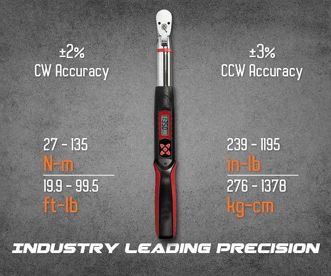 Tapha Tools 3/8 inch Flex-Head Digital Torque Wrench, 5-99.5 ft-lbs (6.8-135 N-m) Torque Range ±2% Accuracy, LED and Buzzer, Preset Memory, ISO 6789 Tested and Calibrated (DKF3N-T135BN)