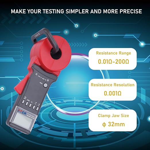 ETCR2100A+ Digital Clamp Ground Earth Resistance Meter Tester 200Ω | Non-contact clamp-on design enables fast loop resistance measurement without disconnecting ground wires, with Φ32mm jaw