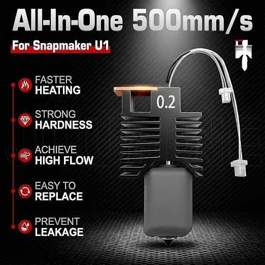 4PK for Snapmaker U1 0.2mm Hotend Hardened Steel U1 Nozzle Assembled Hot End Nano Coating 2.5X Hardness for Snapmaker u1 Nozzle Integrated Leak-Proof Nozzle-Throat Completed Hotend for U1 Accessories
