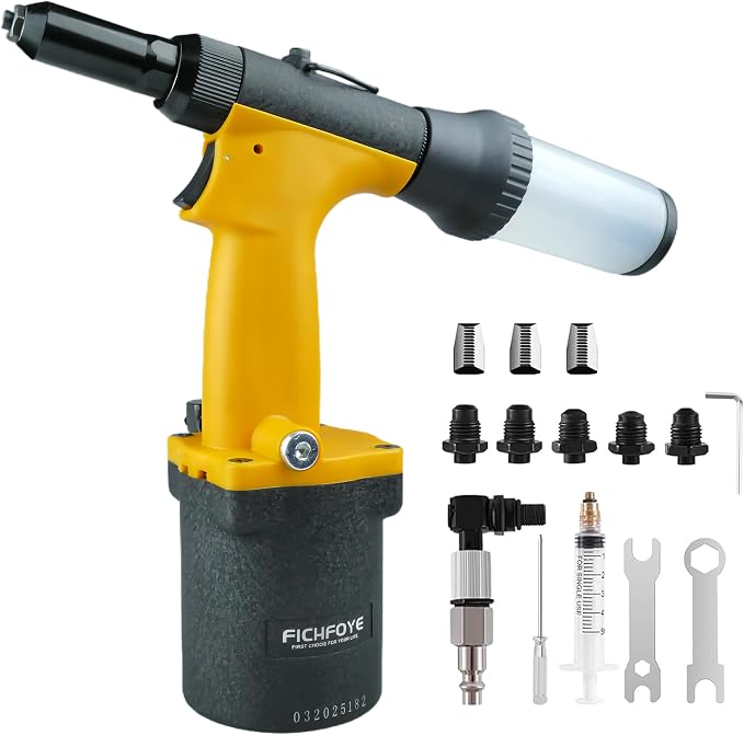 Self-Suction Pneumatic Rivet Gun Kit, Industrial Air Hydraulic Pop Riveter with 5 Nozzles (3/32"–1/4"), 4000LBF Heavy Duty Riveting Tool for Automotive, Construction & Manufacturing