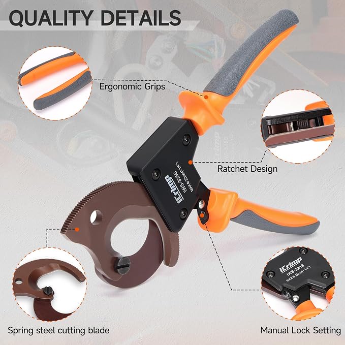 iCrimp Ratchet Cable Wire Cutter, Cuts Up to 32mm Diameter, Heavy-Duty Cable Cutter for Cutting Electrical Aluminum Copper and Multi-core Cables IWS-325S