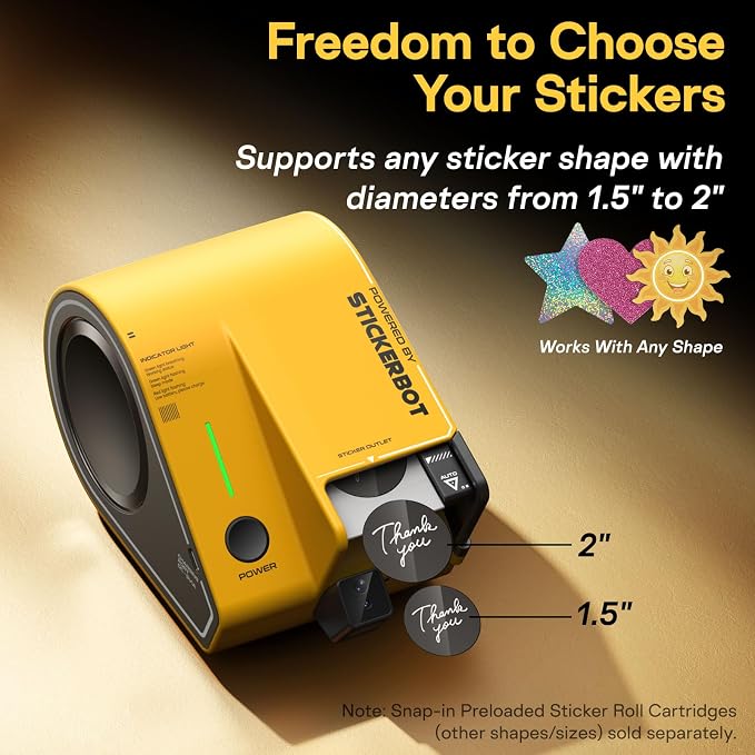 Automatic Sticker Dispenser—Multi-Size, Snap-in Preloaded Sticker Roll Cartridge—for Packaging, Gift Bags, Envelopes, Weddings & Events—Includes 750x1.5 Thank You Stickers (Yellow)