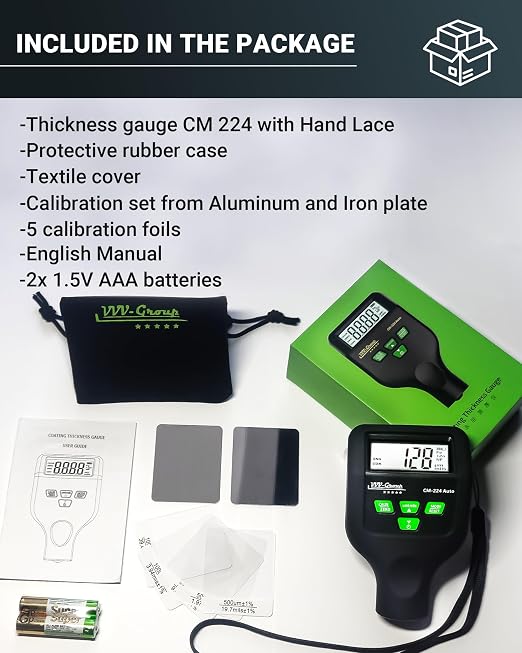 Paint Thickness Gauge CM-224 Auto – Digital Coating Thickness Meter for Cars and Automotive Inspection, Fe / Al / Fe+Zn Detection, 0.1 μm Resolution, Factory Calibrated, Large Backlit LCD