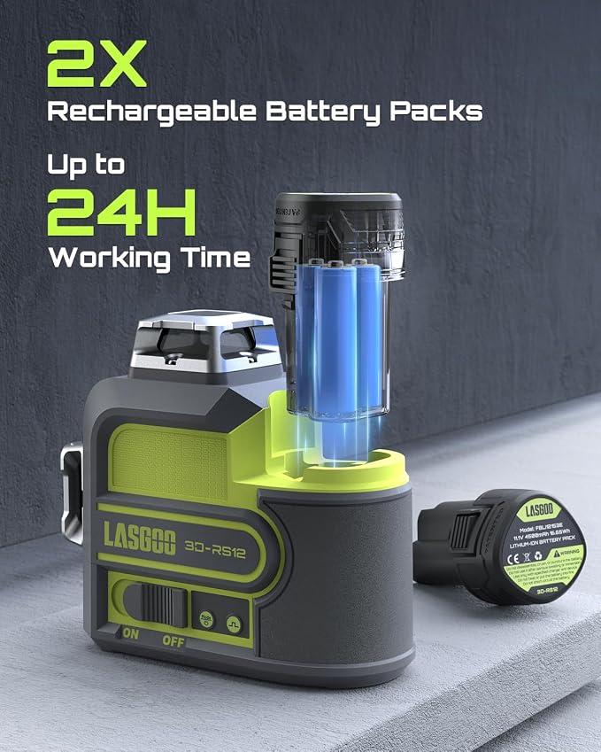 3D-RS12 Laser Level 3x360° Green Beam for Construction and Picture Hanging, Self-Leveling 3D Laser with 2 Rechargeable 11.1V Batteries (24 Hrs), Magnetic Liftable Stand, Type-C Cable