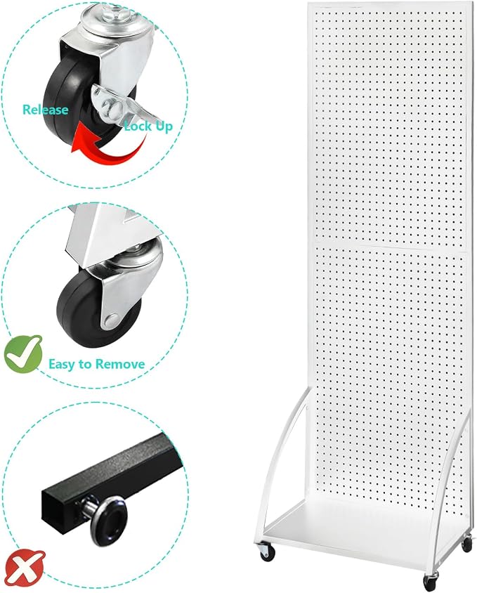 NectaCol 2'x 6' Metal Pegboard Display Stand with a Plate, Peg Board Panels, Standing Pegboard Display, Craft Fair Display Rack, Art Display Stand, Extra 10 pieces Hooks - White