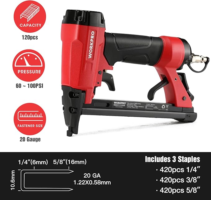 WORKPRO Pneumatic 20 Gauge Staple Gun, T50 Upholstery Stapler with 1260pcs Staples 1/4”to 5/8”, Rear Exhaust, for Carpentry, Woodworking and DIY Projects