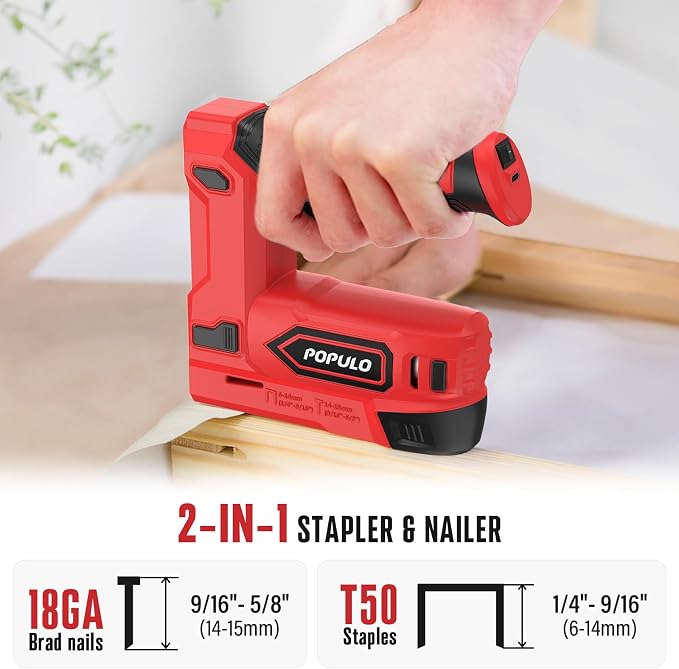 POPULO Electric Staple Gun, 2 in 1 Electric Stapler Tacker 4V Cordless Brad Nailer Kit, Battery Powered Nail Gun for Upholstery, Carpentry, DIY with Staple Remover, 1600 Staples and Nails, Red