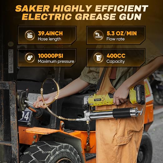 Saker Electric Grease Gun,5.3 oz/min Cordless Grease Gun Kit with 2 Batteries,2-in-1 Design Effortless for Farmers,Equipment Operators and Owners,10,000 PSI Battery Powered Greases Gun