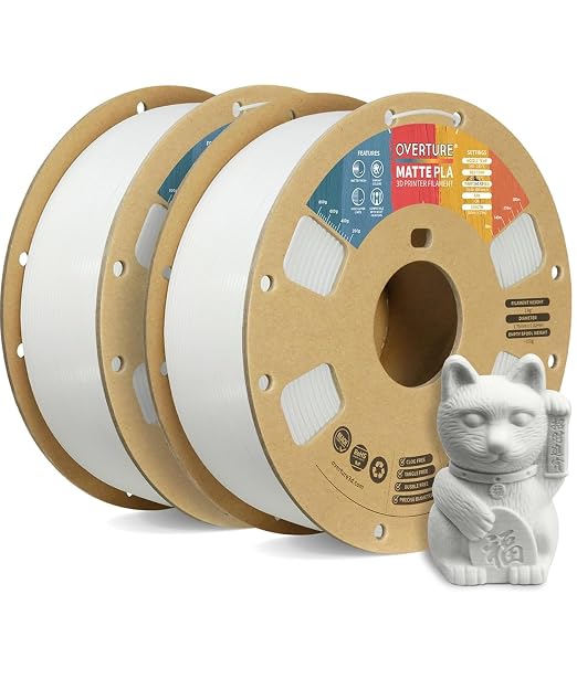 OVERTURE 2KG Bundle Matte PLA, Low Warp & Matte Surface 3D Printer Filament | Frosted Matt Finish Hides Layer Lines, 2 Pack 1kg Spool (2.2lbs) Cardboard Spool, Fit Most FDM Printer (Matte White*2)