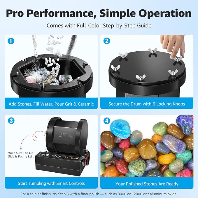 Professional Rock Tumbler – 22LB Extra-Large Capacity Rock Polisher with Brushless Motor, Real-Time Power Monitoring & Heavy-Duty Metal Construction for Continuous Rock Tumbling