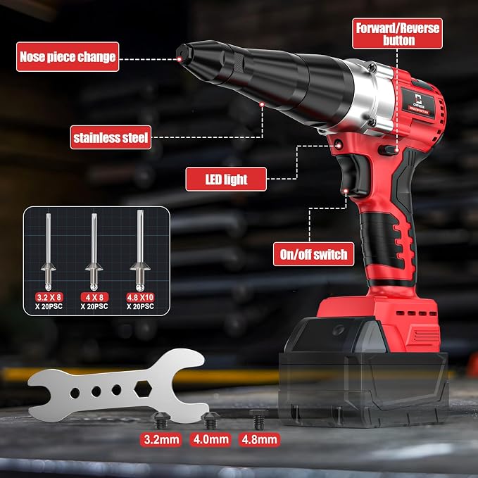 Cerycose Cordless Rivet Gun Kit Compatible with Milwaukee 18V Brushless Electric Riveters Gun Tool with 3-Size Steel Rivets(1/8"-5/32"-3/16") LED Light & Nose Piece (Tool Only)