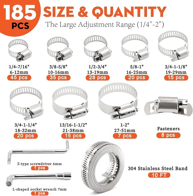 185pcs 304 SS Worm Gear Hose Clamp Kit for Auto & Plumbing | Leak-Proof 1/4"-2" Adjustable 304 Stainless Clamps with 10FT Custom Strap. Rust-Resistant for Heavy-Duty Pipe Repairs