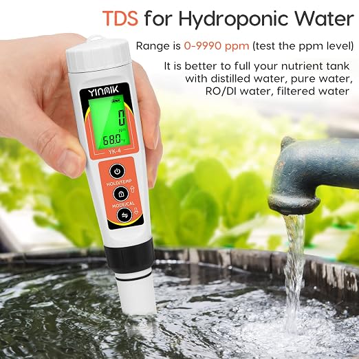 YINMIK PH Meter, Digital 4 in 1 PH EC TDS Temp Meter for Water Hydroponics, Waterproof DWC PH and EC PPM Water Tester with Backlit for Nutrients Growing, Indoor Garden, Home Brewing, Pool, Aquarium