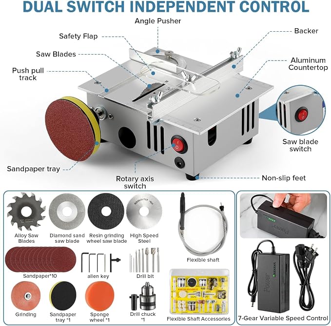 Mini table Saw,mini Table Saws for Crafts, Mini Multi Functional Table Saw, Dual-motor control for cutting, grinding,engraving and drilling.Speed & Angle Adjustable,for Wood/PCB/Acrylic/Plastic