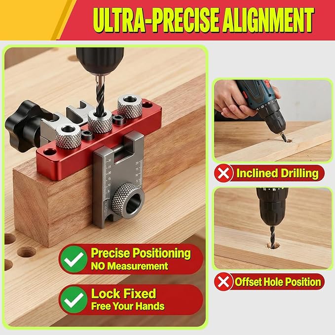Self Centering Doweling Jig Kit, 3-in-1 Dowel Drill Guide | aluminum alloy, drill guide for straight holes, adjustable bits, precision scale, for furniture assembly, diy projects