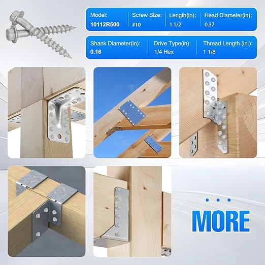 500QTY #10 x 1-1/2" Joist Hanger Screws,Replace 10112R500 Joist Hanger Screws & 10DNails,1/4" Hex Socket Wood Screws 0.370"-Dia Deck Screw Heavy‑Duty Deck Screw 500-Hour Salt Spray Rust Test