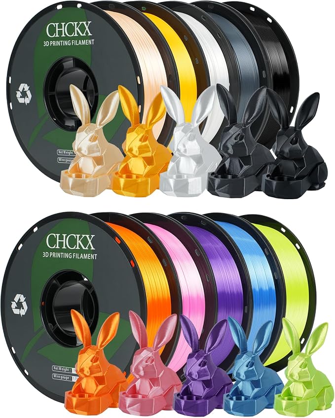 10 Roll Silk Monochrome PLA 3D Printer Filament Bundle, 1.75mm, 10-Color Set, 1KG Spool(2.2lbs), Dimensional Accuracy +/- 0.02mm