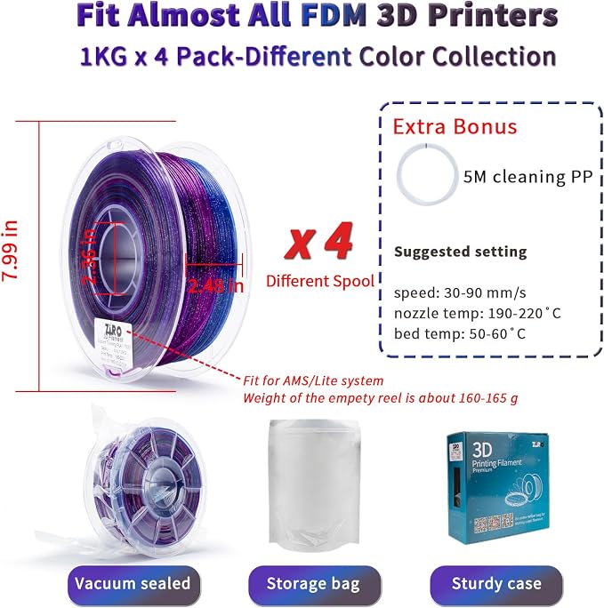 ZIRO 4 Packs 3D Printer Filament, Fast Color Change with Twinkle Effect PLA 1.75MM, Gradient Translucent PLA Bundle, Sparkling Multicolor 3D Material, 1KG x 4 Spool