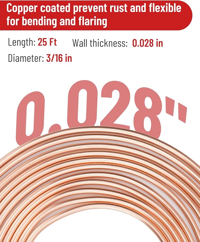 25 ft 3/16in Copper Coated Brake Line Flaring Tool Kit, Includes 3-in-1 Tube Bender, Double & Single Flaring Tool Set, 1 Tube Cutter, 2 Threads Unions, 20 Fittings