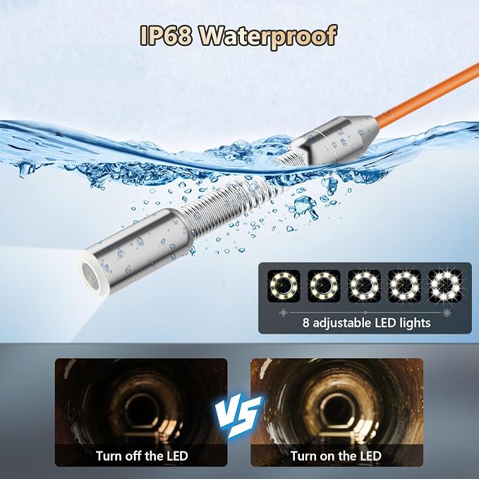 Sewer Camera,66FT/100FT Pipe Inspection Borescope Endoscope Camera with 8pcs LEDs Light 4.3" IPS Screen 18MM DVR Plumbing Snake 8500Mah Battery (18MM-DVR-20M)