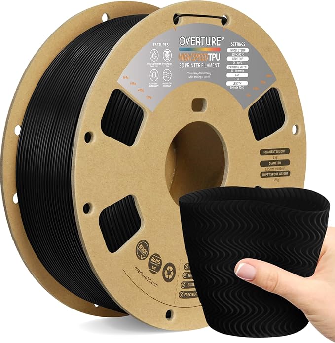 OVERTURE High Speed TPU 95A Flexible 3D Printer Filament 1.75mm | High Elasticity & Durability Filament,1kg Spool(2.2lbs),Fit Most FDM Printer(HS TPU Black)
