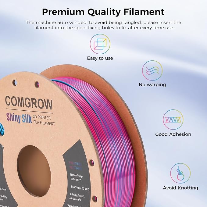 Comgrow Tri-Colors Silk PLA 3D Printer Filament, Rainbow PLA Filament 1.75mm, Dimensional Accuracy +/- 0.02 mm, 4KG Spool, Coextrusion 3D Filament with Shiny Silk