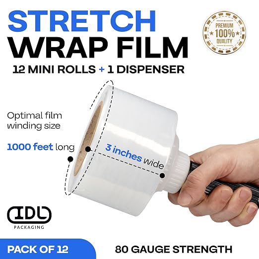 IDL Packaging - F-31-12 3" x 1000' Hand Bundling Stretch Film with Reusable Handle, Clear (Pack of 12)