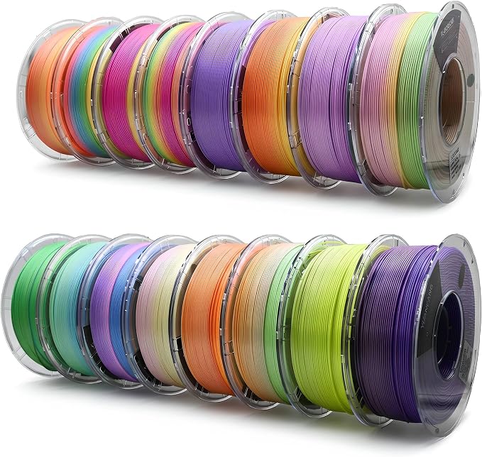 Silk Rainbow PLA Filament 1.75mm, ±0.03mm Precision, Glossy Gradient & Solid Silk Colors, 1kg Spool (2.2 lbs), 16-Pack Silk PLA Bundle
