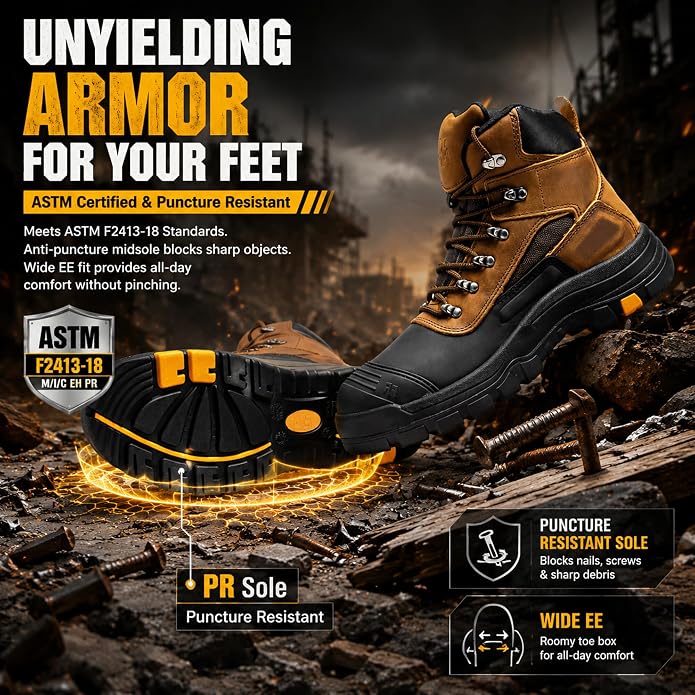 ROCKROOSTER Sedona - Men's Waterproof Puncture Resistant Work Boots, 6" Lace Up Steel Toe ASTM Safety Boots AK216