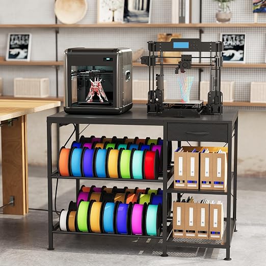 3D Printer Table with Filament Storage, 3-Tier 3D Printer Stand with Power Outlet & Drawer, Heavy Duty 3D Printer Rack for Workshop Studio Office (Black)
