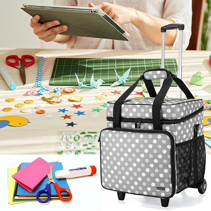 LUXJA Rolling Scrapbook Tote, Scrapbook Bag with Detachable Dolly (Patented Design), Gray Dots