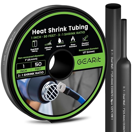 GEARit 1 inch Heat Shrink Tubing - 3:1 Ratio Adhesive Lined, Marine-Grade Waterproof Industrial Shrink Wrap, Dual-Wall Tubing, UL Approved - 50FT Roll - Black