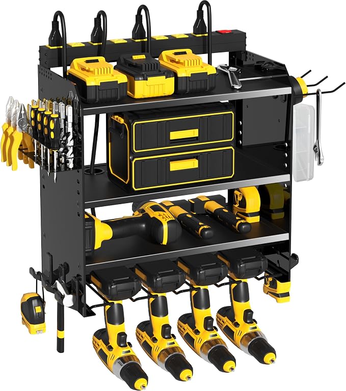 Power Tool Organizer Wall Mount with Charging Station & 8 Outlet,4 Layer Heavy Duty Metal Rack Loads 260lbs for Garage Organization,4 Cordless Drill Holders,Day Gift for Men,Glossy Black