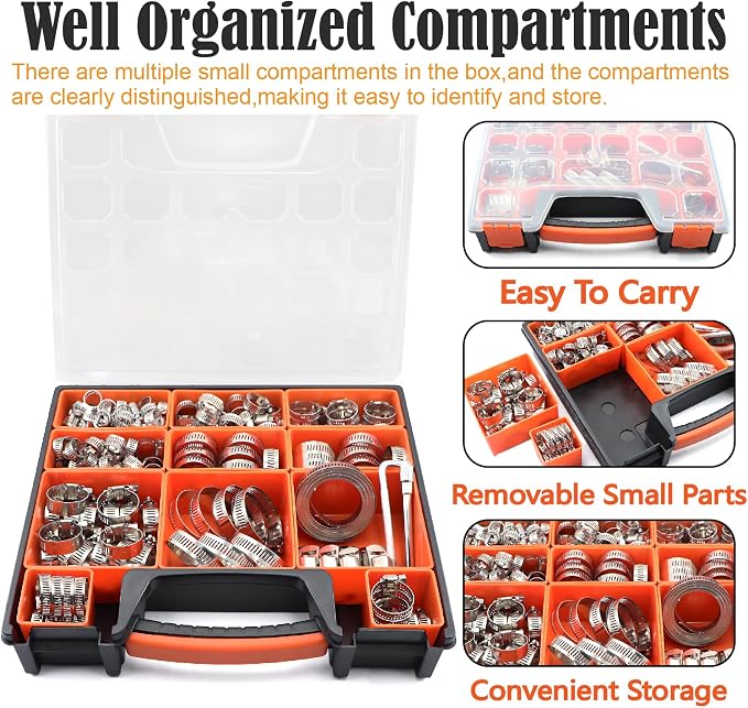 185Pcs Hose Clamps 304 Stainless Steel Assortment Kit,Adjustable 1/4"-2"(6-51mm) Worm Gear Hose Clamp For Fuel Line,Pipeline,Automotive,Radiator Plumbing,Industry,Garden
