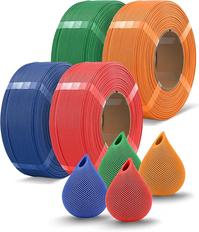 OVERTURE 4KG Bundle High Speed PLA Filament Refill 1.75mm 3D Printer Filament, 4 Pack 1kg (2.2lb) Refilament for Bambu Lab Reusable Spool, Fit Most FDM 3D Printers (Green+Red+Blue+Orange)