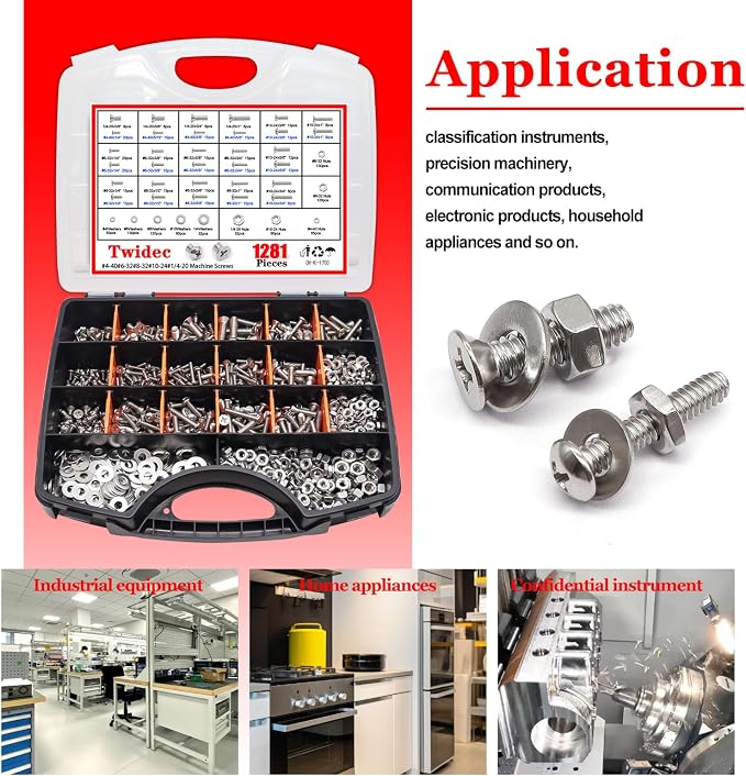 Twidec/1281PCS Nuts and Bolts Assortment Kit,Machine Screws,304 Stainless Steel Phillips Pan Head and Flat Head Screws #4-40#6-32#8-32#10-24#1/4-20 with Nuts, Bolts,Washers in the Storage Case
