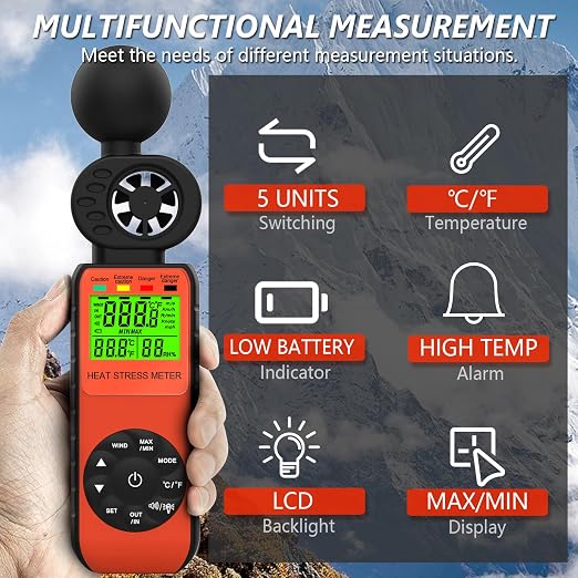 HOLDPEAK Wind Speed & Heat Stress WBGT Meter, Digital Handheld Anemometer, Wind Gauges with Temperature Humidity for Outdoor Workers, Iron and Steel Foundries