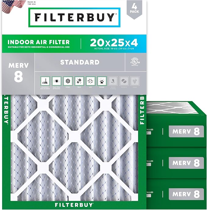 Filterbuy 20x25x4 Air Filter MERV 8 Essential Dust & Allergy Defense (4-Pack), Electrostatic Pleated HVAC AC Furnace Filters Replacement, Made in USA (Actual Size: 19.50 x 24.50 x 3.63)