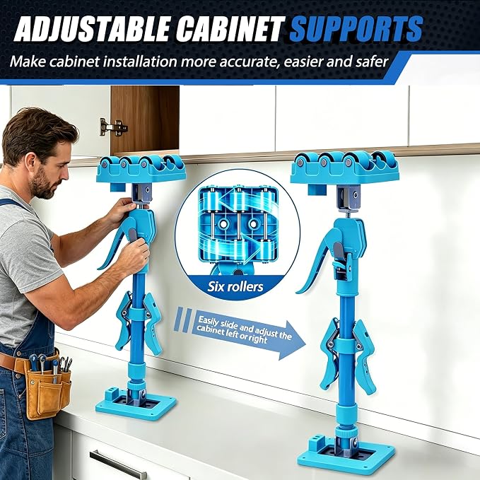 Cabinet Jacks for Installing Cabinets, 24.4"-48" Heavy Duty Adjustable Support Pole with 2-Way Adjust & Dual-Speed Lift, 3rd Hand System for Drywall Lift, Dust Barrier Poles & Ceiling