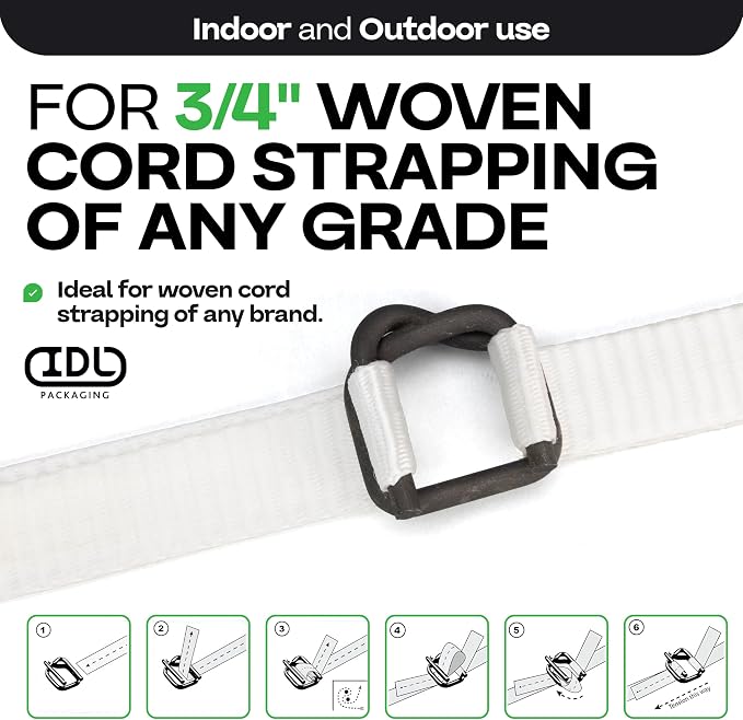 Cord Strapping Buckles 3/4", Pack of 100 - Heavy-Duty Metal Buckles with Phosphate Coating for Woven Cord Strapping - Reusable Metal Wire Buckle for Strapping - SKU BP34-M by IDL Packaging