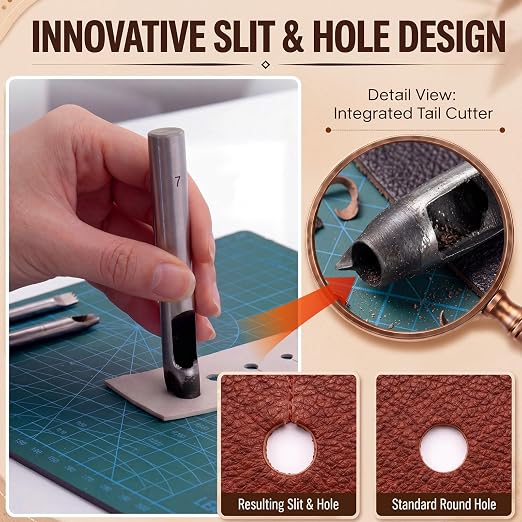 Leather Button Hole Punch, 45# Steel Professional Button Punch Tool Kit for Leather, Fabric, DIY Craft Projects, Beginners & Leatherworkers(7mm)