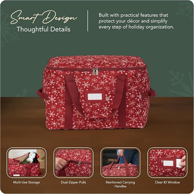 Covermates Keepsakes Treasurekeeper Storage Bag - Carrying Handles, ID Window - Holiday Storage, Red Snowflake