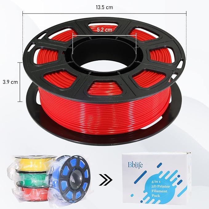 BBLIFE 1.75mm 3D Printer PLA Filament 4 in 1 Bundle: Red, Blue, Yellow, Green, 4 Bright Colors Packed, 250g/Spool, 4 Spools Packed, Widely Fit for 3D Printer/3D Pen; Total 1Kg 3D Printing Material